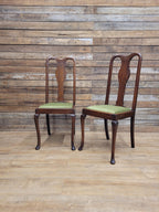Pair Of Oak Queen Anne Style Dining Chairs Olive Velvet Seats