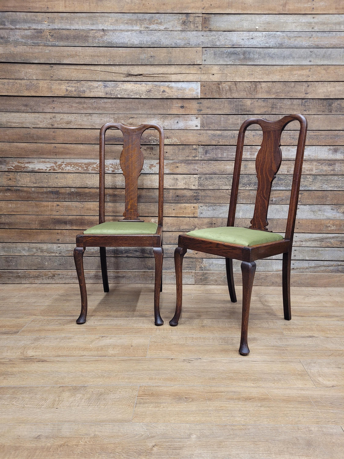Pair Of Oak Queen Anne Style Dining Chairs Olive Velvet Seats
