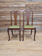Pair Of Oak Queen Anne Style Dining Chairs Olive Velvet Seats
