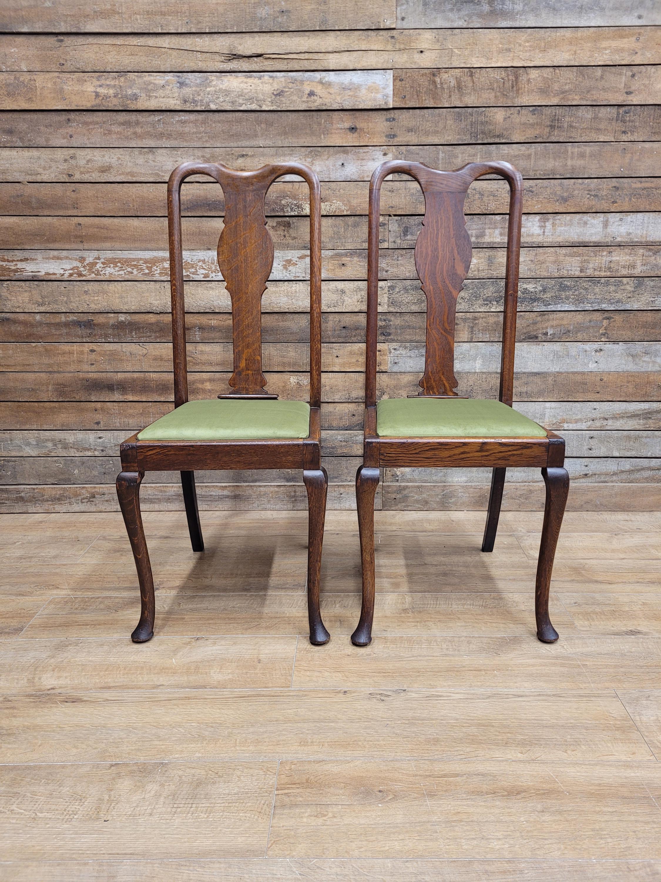 Pair Of Oak Queen Anne Style Dining Chairs Olive Velvet Seats
