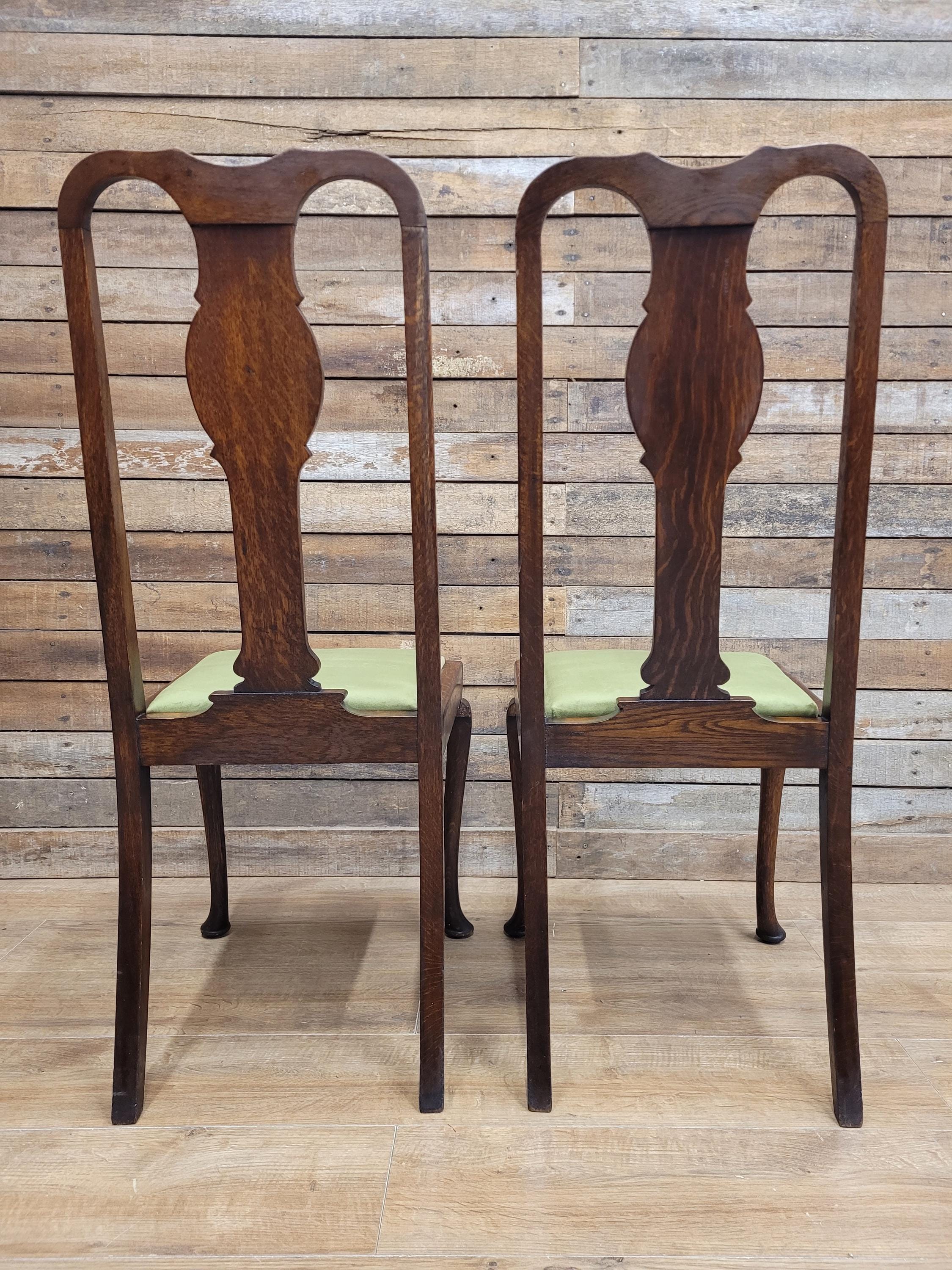 Pair Of Oak Queen Anne Style Dining Chairs Olive Velvet Seats