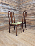 Pair Of Oak Queen Anne Style Dining Chairs Olive Velvet Seats