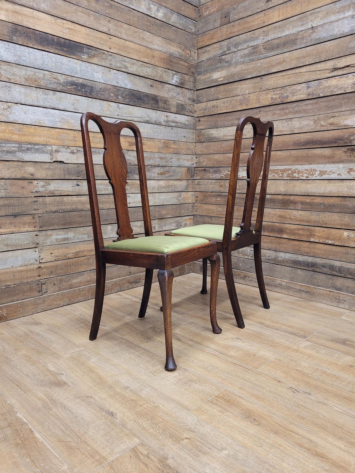 Pair Of Oak Queen Anne Style Dining Chairs Olive Velvet Seats