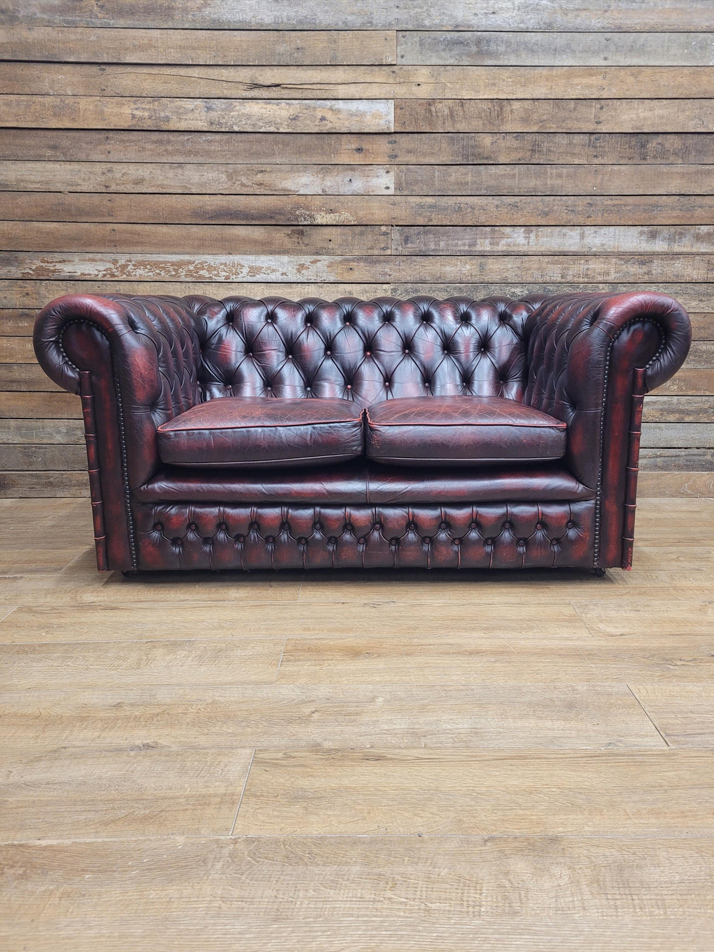Vintage Chesterfield Two Seater Dark Oxblood Leather Sofa Deep Buttoned