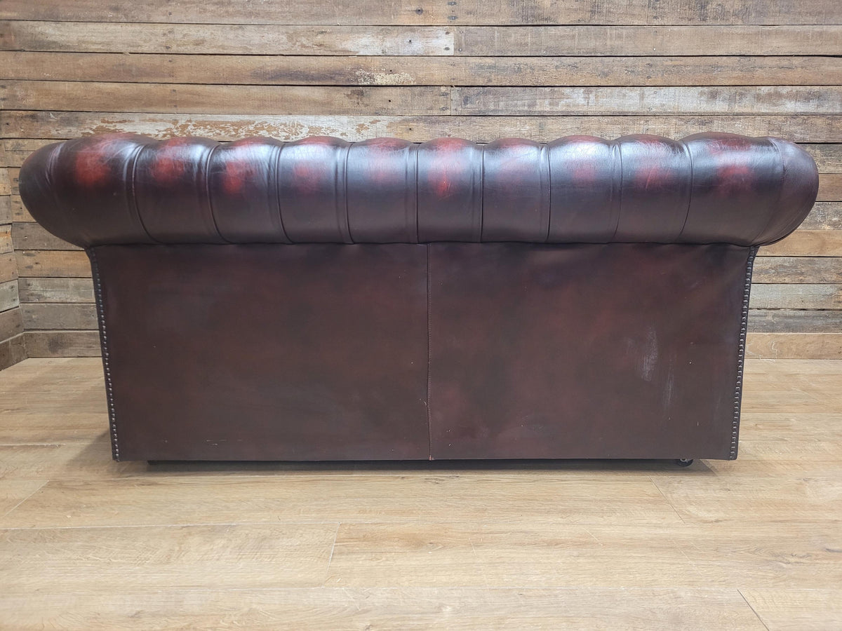 Vintage Chesterfield Two Seater Dark Oxblood Leather Sofa Deep Buttoned