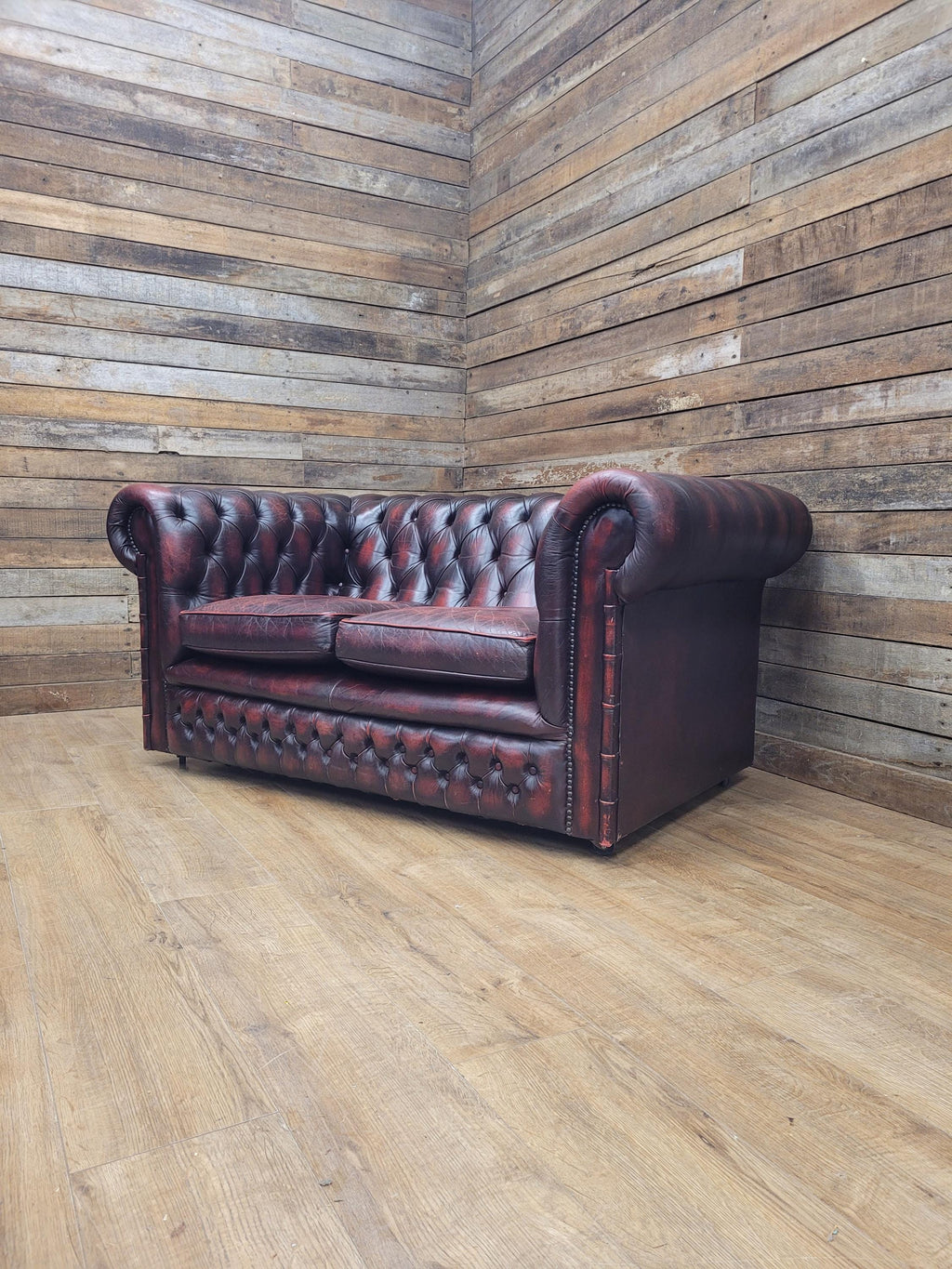 Vintage Chesterfield Two Seater Dark Oxblood Leather Sofa Deep Buttoned