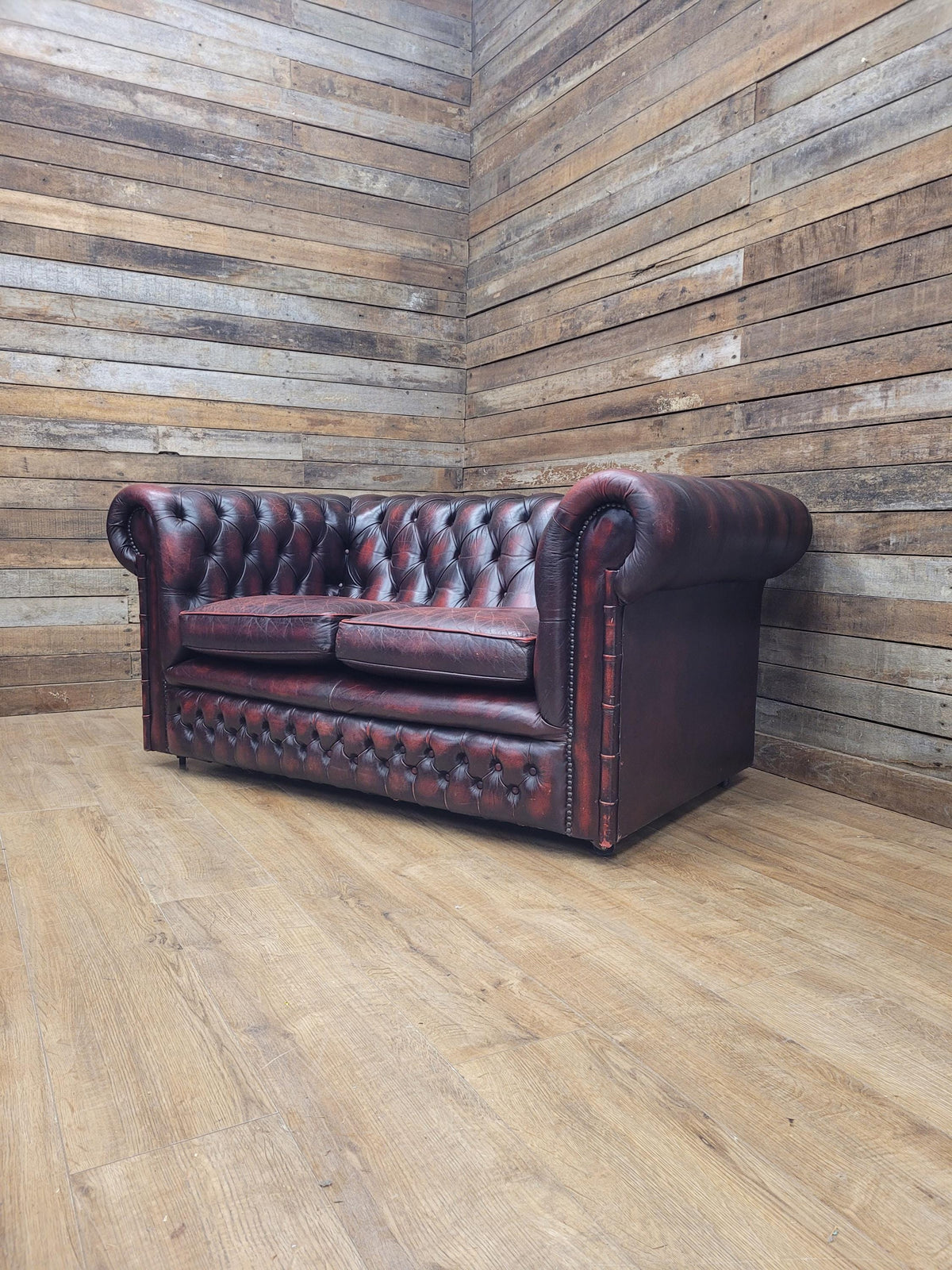 Vintage Chesterfield Two Seater Dark Oxblood Leather Sofa Deep Buttoned