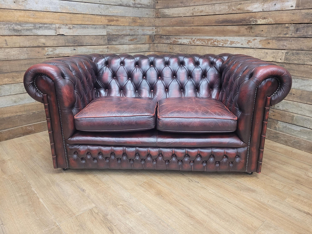 Vintage Chesterfield Two Seater Dark Oxblood Leather Sofa Deep Buttoned