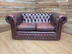 Vintage Chesterfield Two Seater Dark Oxblood Leather Sofa Deep Buttoned