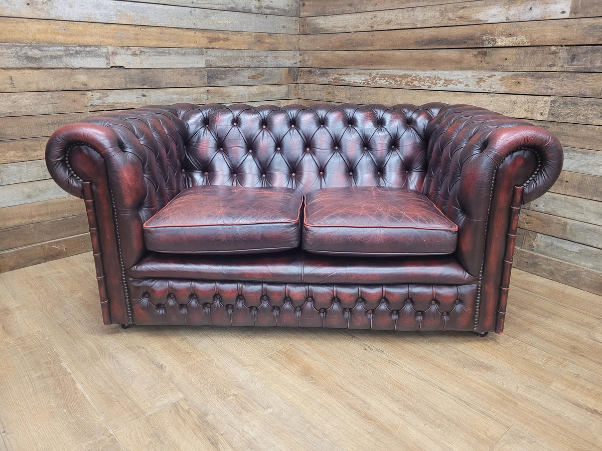 Vintage Chesterfield Two Seater Dark Oxblood Leather Sofa Deep Buttoned