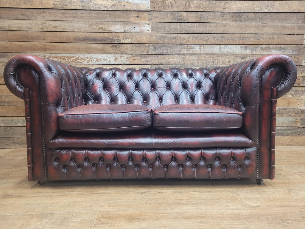 Vintage Chesterfield Two Seater Dark Oxblood Leather Sofa Deep Buttoned