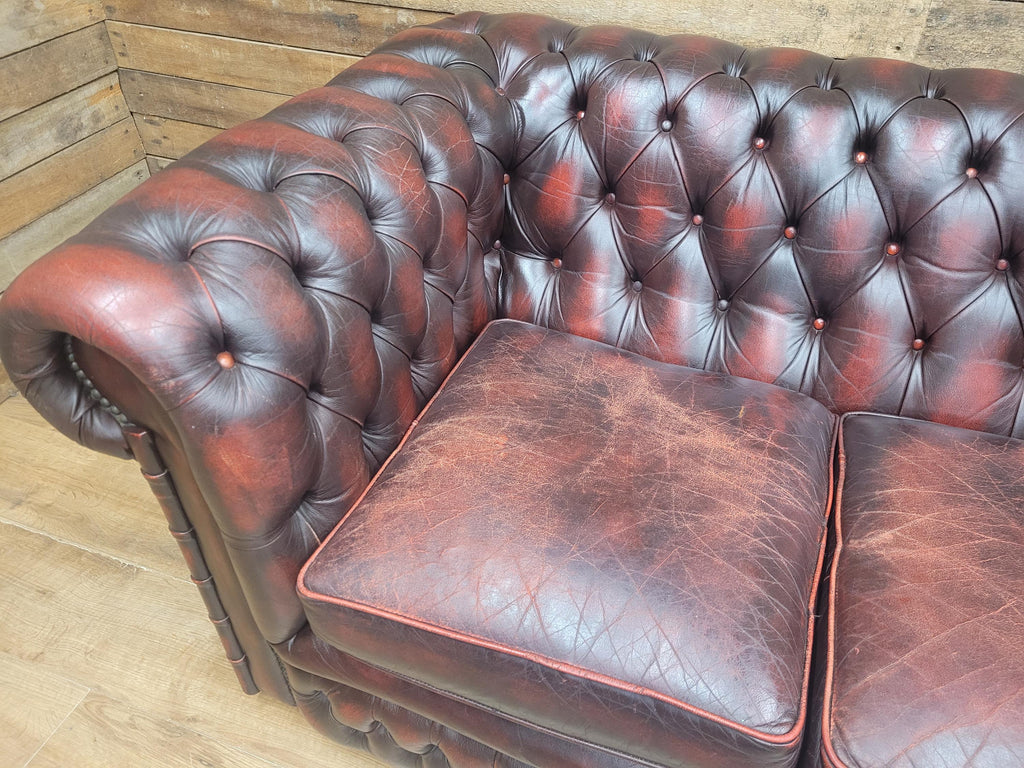 Vintage Chesterfield Two Seater Dark Oxblood Leather Sofa Deep Buttoned