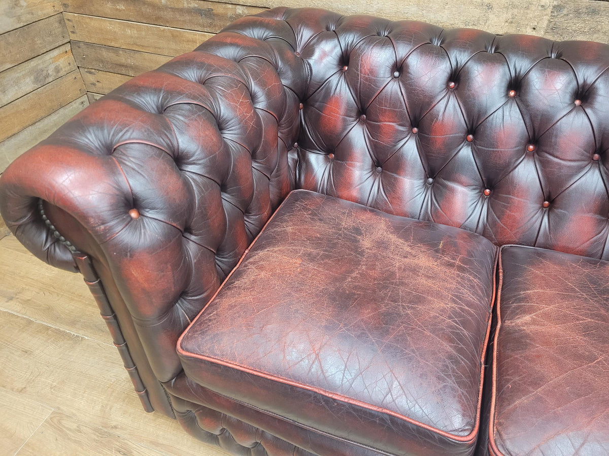Vintage Chesterfield Two Seater Dark Oxblood Leather Sofa Deep Buttoned
