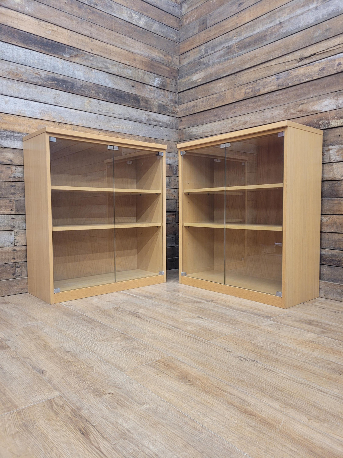 Oak Effect Glazed Display Cabinet Adjustable Shelves Two Available