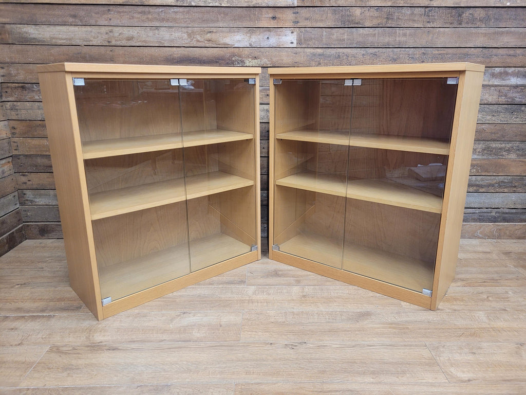 Oak Effect Glazed Display Cabinet Adjustable Shelves Two Available