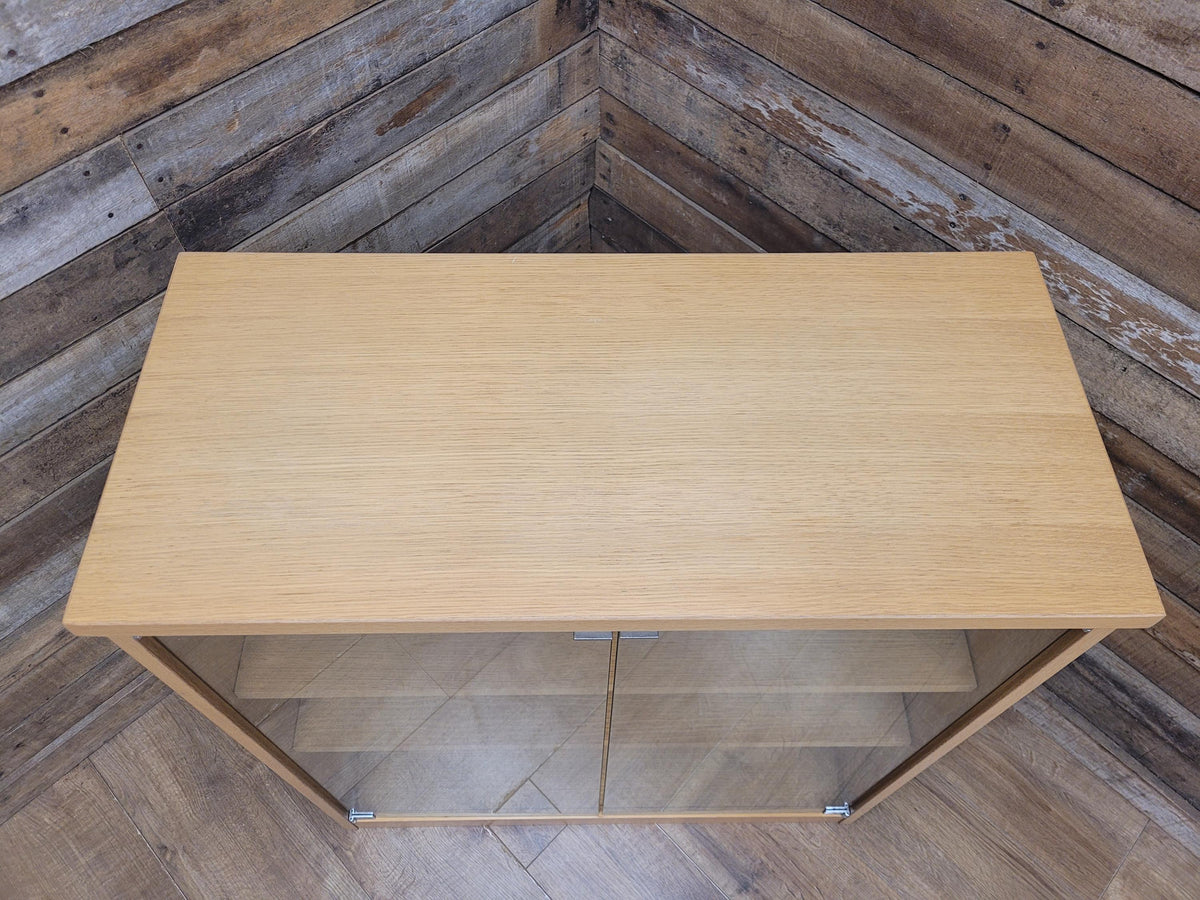 Oak Effect Glazed Display Cabinet Adjustable Shelves Two Available