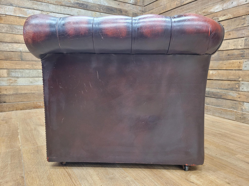 Oxblood Leather Chesterfield Three Seater Sofa Deep Buttoned Vintage