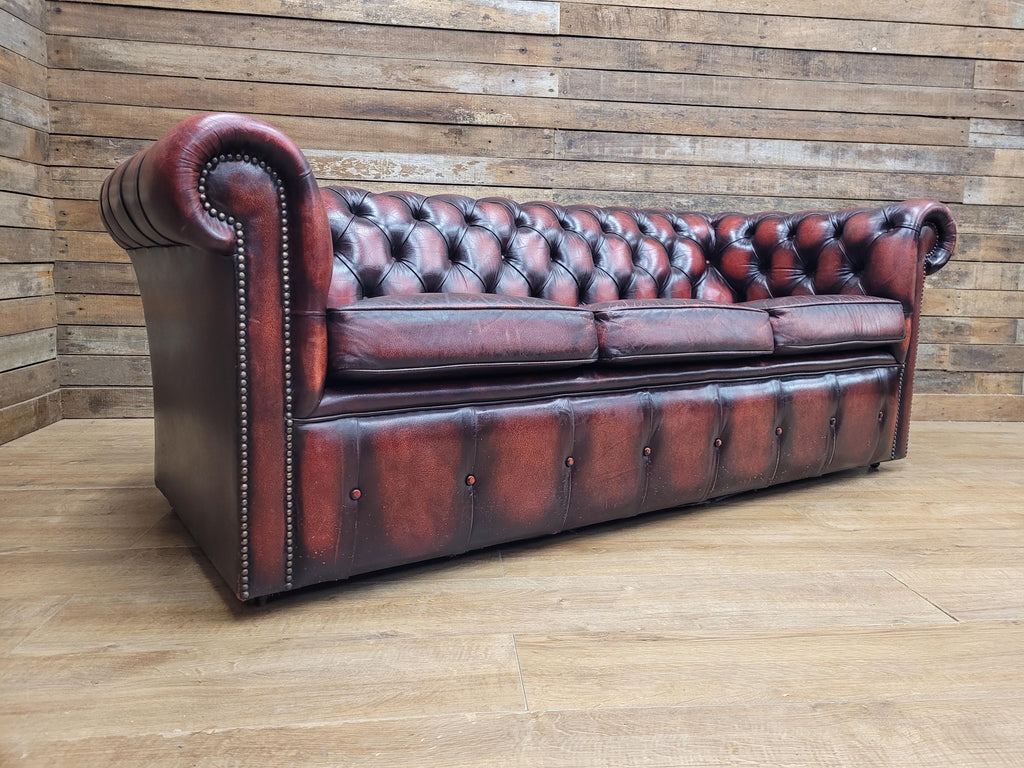 Oxblood Leather Chesterfield Three Seater Sofa Deep Buttoned Vintage
