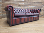 Oxblood Leather Chesterfield Three Seater Sofa Deep Buttoned Vintage