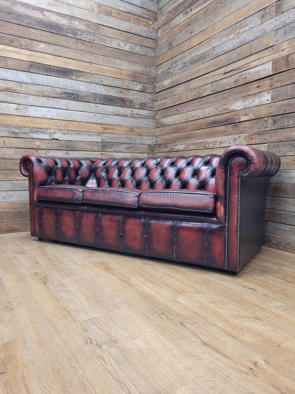 Oxblood Leather Chesterfield Three Seater Sofa Deep Buttoned Vintage