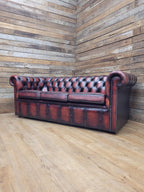 Oxblood Leather Chesterfield Three Seater Sofa Deep Buttoned Vintage