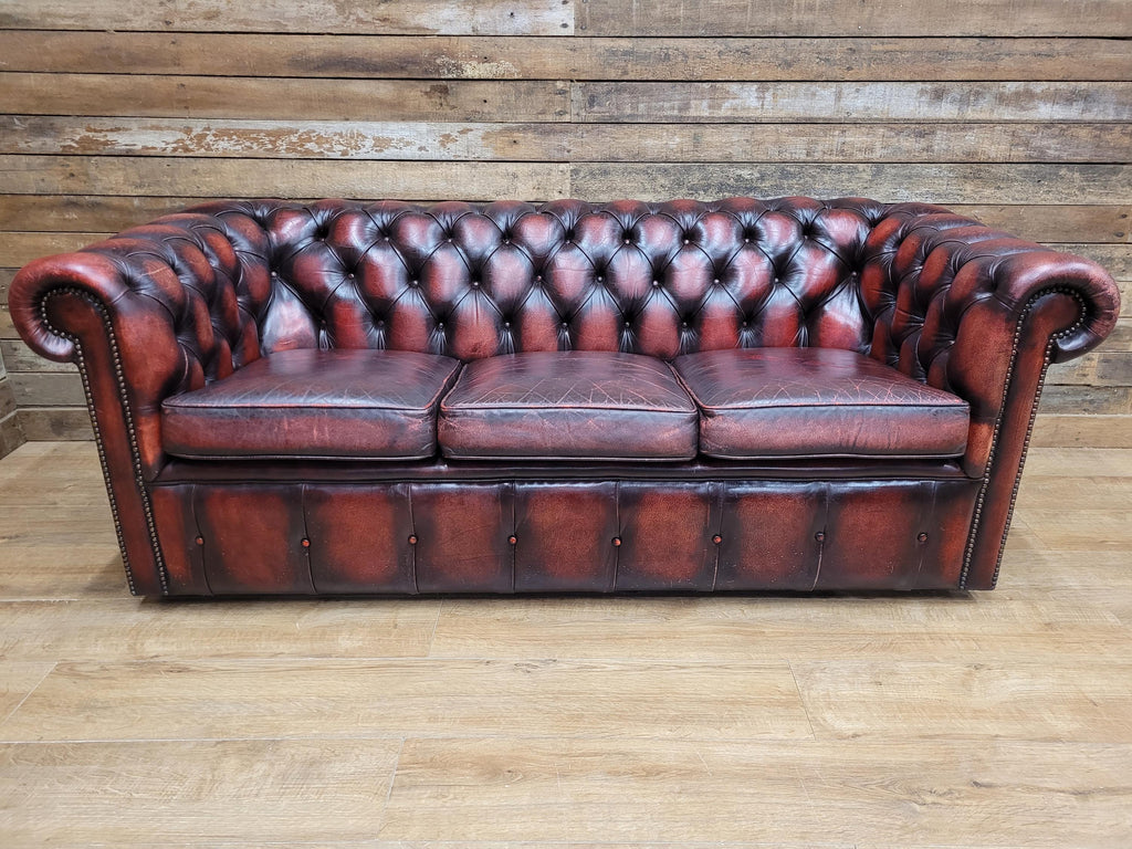 Oxblood Leather Chesterfield Three Seater Sofa Deep Buttoned Vintage