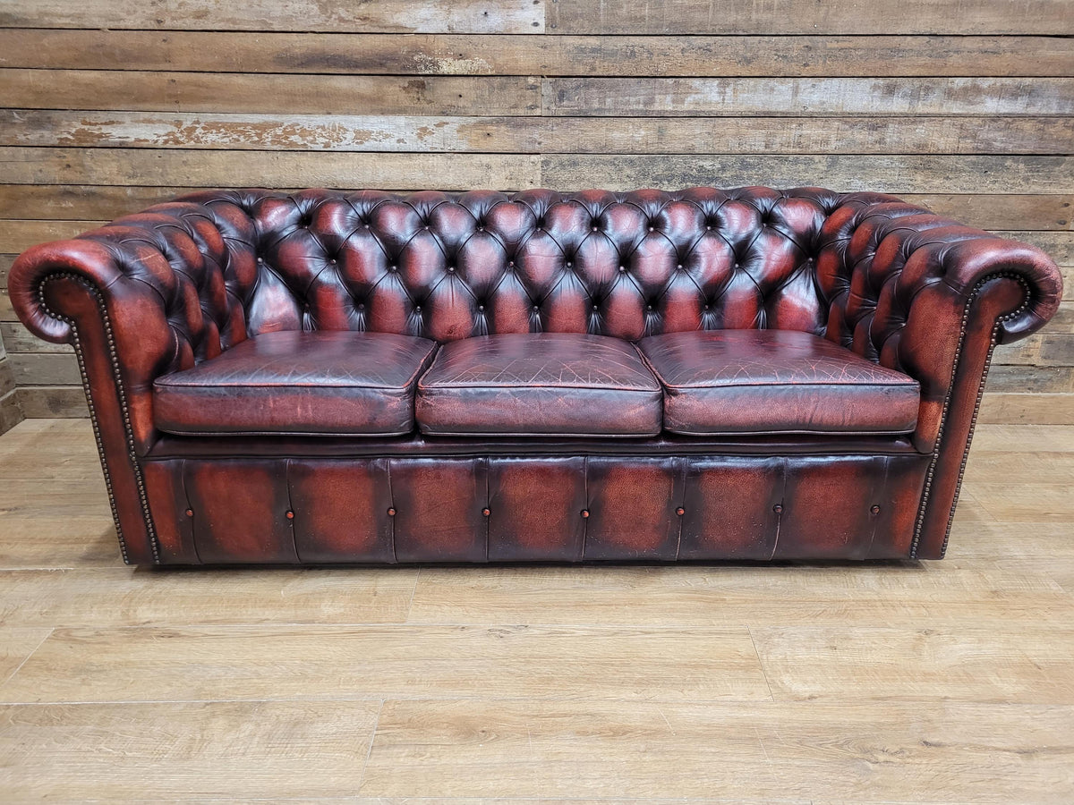 Oxblood Leather Chesterfield Three Seater Sofa Deep Buttoned Vintage