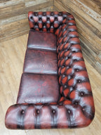 Oxblood Leather Chesterfield Three Seater Sofa Deep Buttoned Vintage