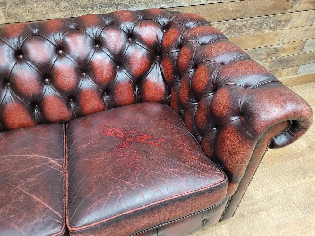 Oxblood Leather Chesterfield Three Seater Sofa Deep Buttoned Vintage
