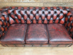 Oxblood Leather Chesterfield Three Seater Sofa Deep Buttoned Vintage