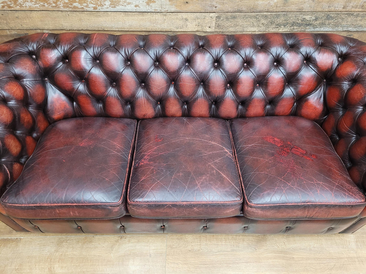 Oxblood Leather Chesterfield Three Seater Sofa Deep Buttoned Vintage