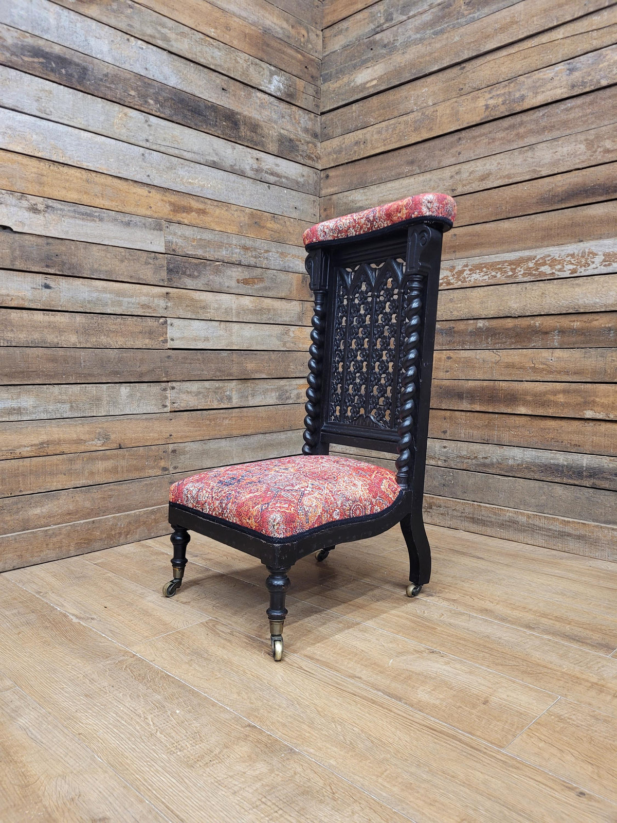 Victorian Ebonised Gothic Revival Nursing Chair Moroccan Fabric Brass Castors