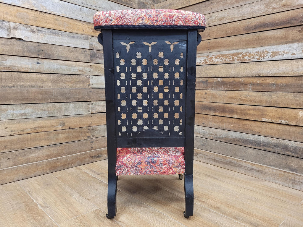Victorian Ebonised Gothic Revival Nursing Chair Moroccan Fabric Brass Castors