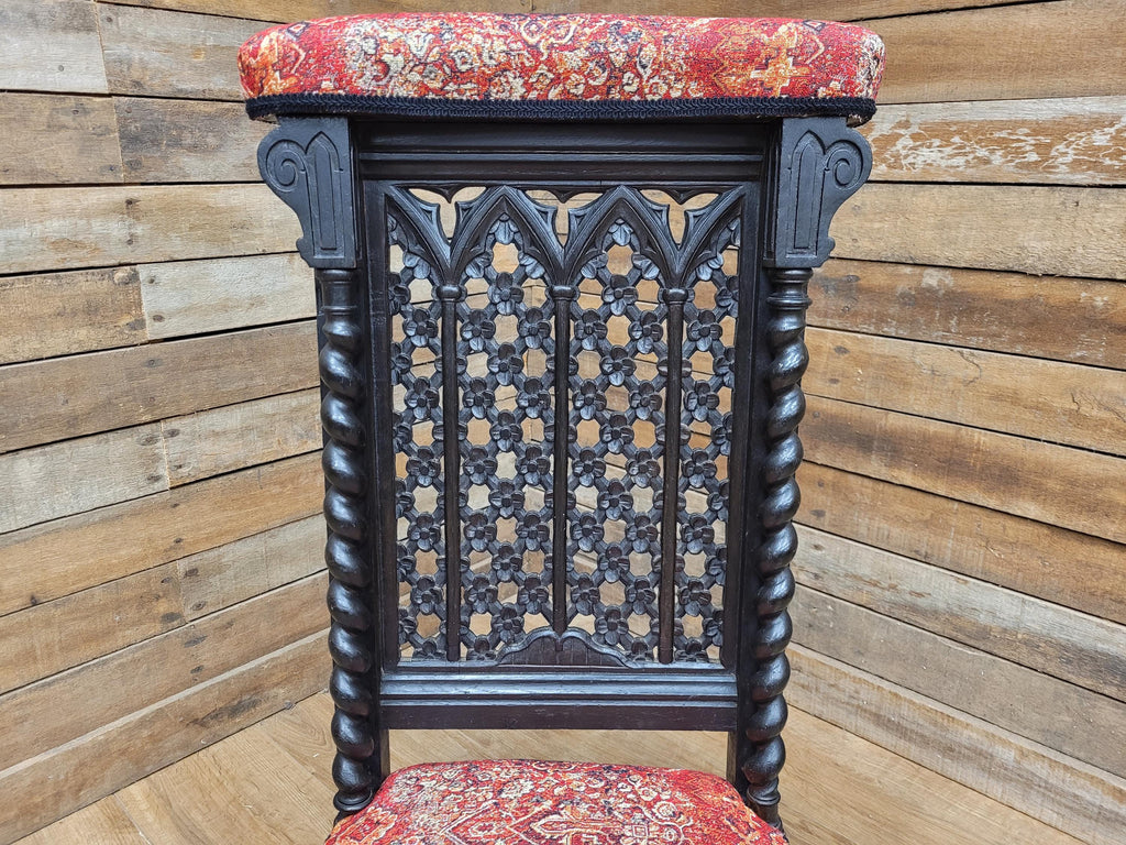 Victorian Ebonised Gothic Revival Nursing Chair Moroccan Fabric Brass Castors