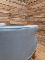 French Louis XV Style Walnut Tub Armchair Blue Upholstery