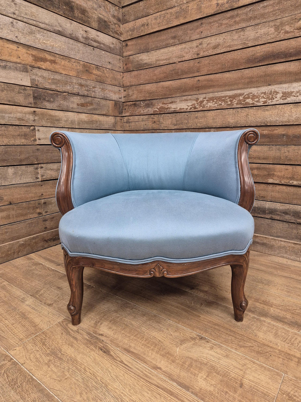 French Louis XV Style Walnut Tub Armchair Blue Upholstery