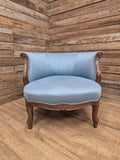 French Louis XV Style Walnut Tub Armchair Blue Upholstery