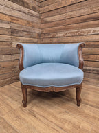 French Louis XV Style Walnut Tub Armchair Blue Upholstery