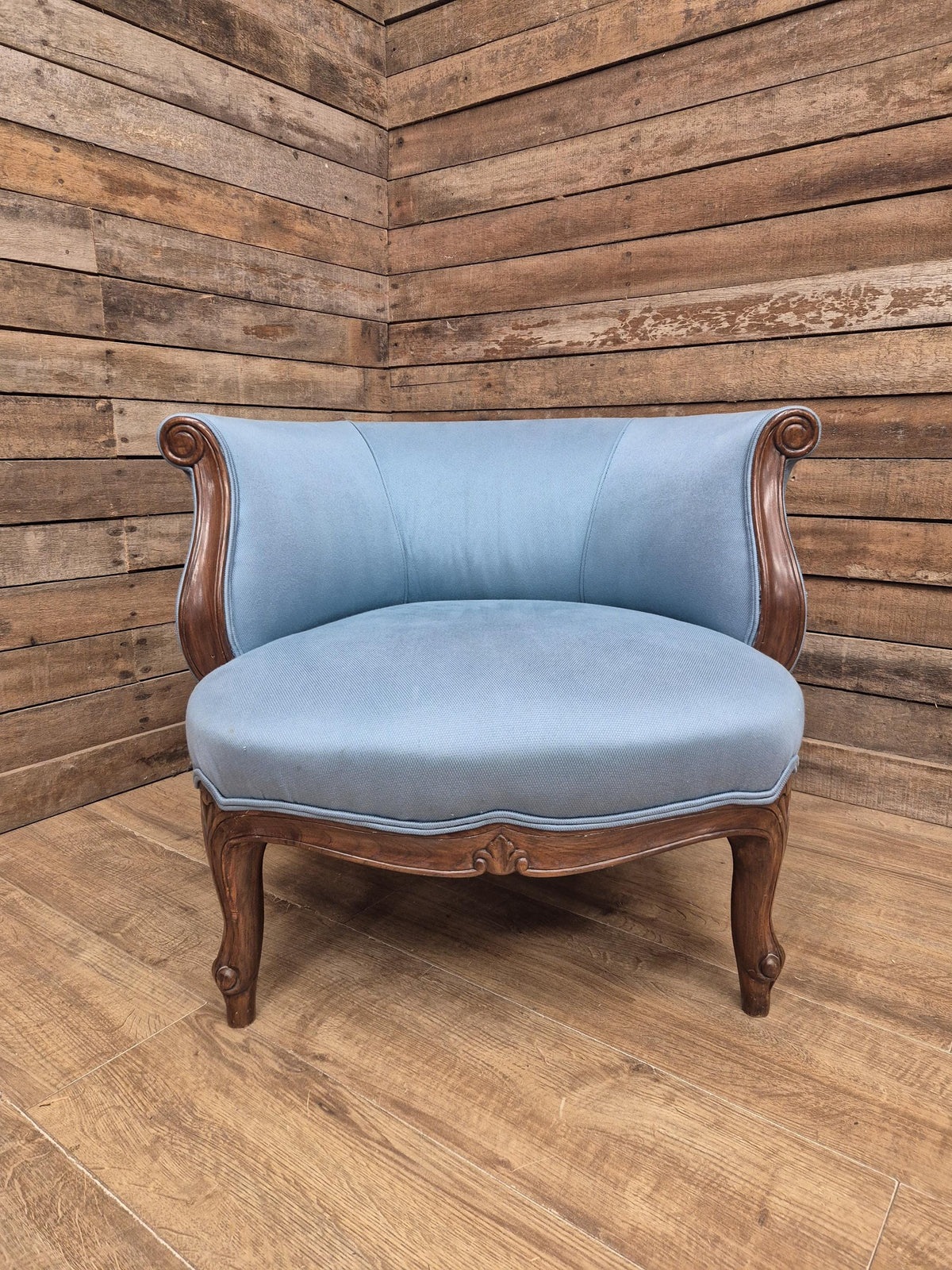 French Louis XV Style Walnut Tub Armchair Blue Upholstery