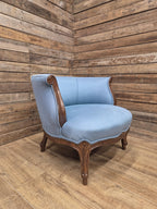 French Louis XV Style Walnut Tub Armchair Blue Upholstery