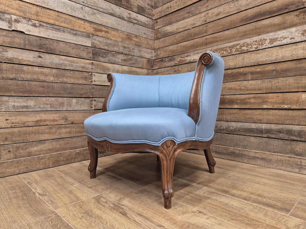 French Louis XV Style Walnut Tub Armchair Blue Upholstery