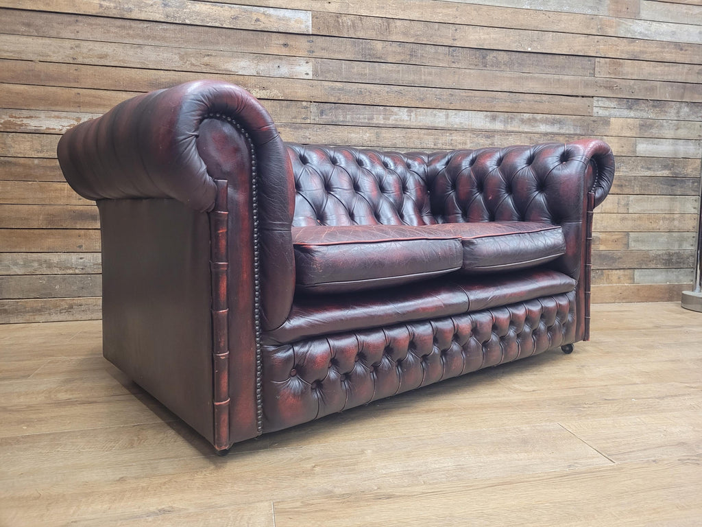 Vintage Chesterfield Two Seater Dark Oxblood Leather Sofa Deep Buttoned