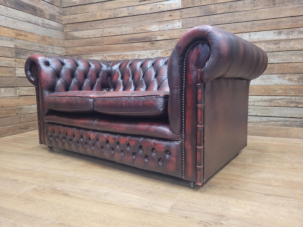 Vintage Chesterfield Two Seater Dark Oxblood Leather Sofa Deep Buttoned