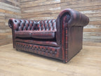 Vintage Chesterfield Two Seater Dark Oxblood Leather Sofa Deep Buttoned