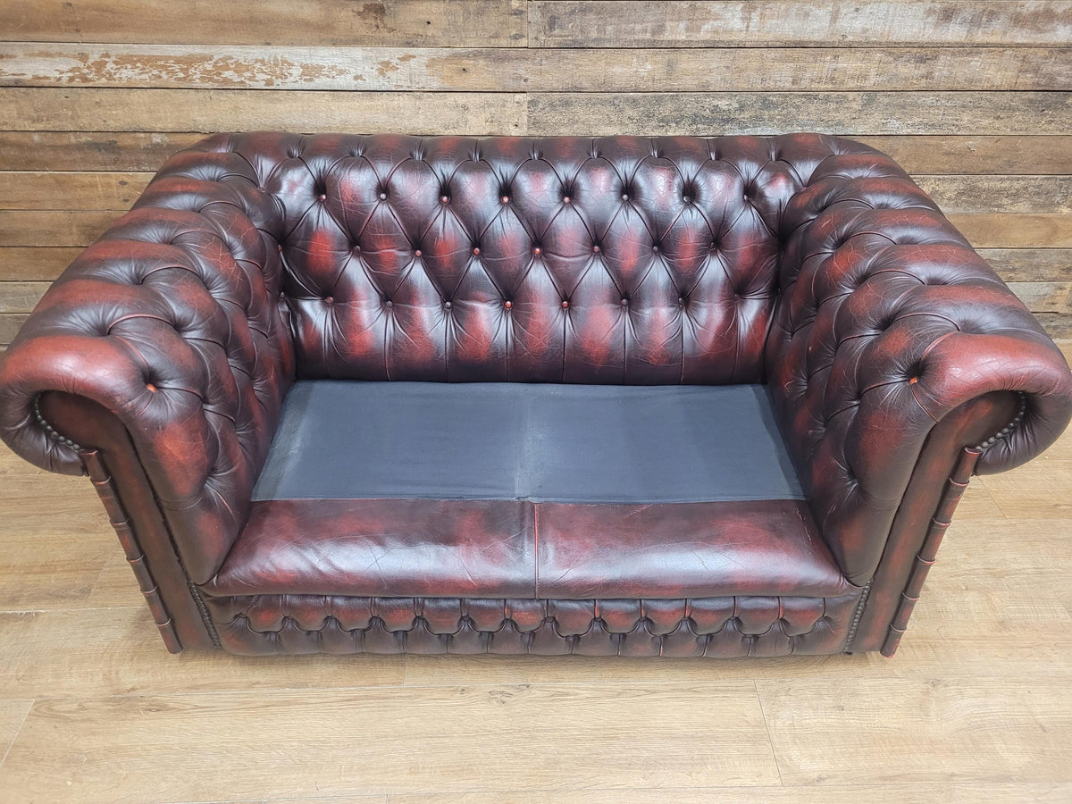 Vintage Chesterfield Two Seater Dark Oxblood Leather Sofa Deep Buttoned