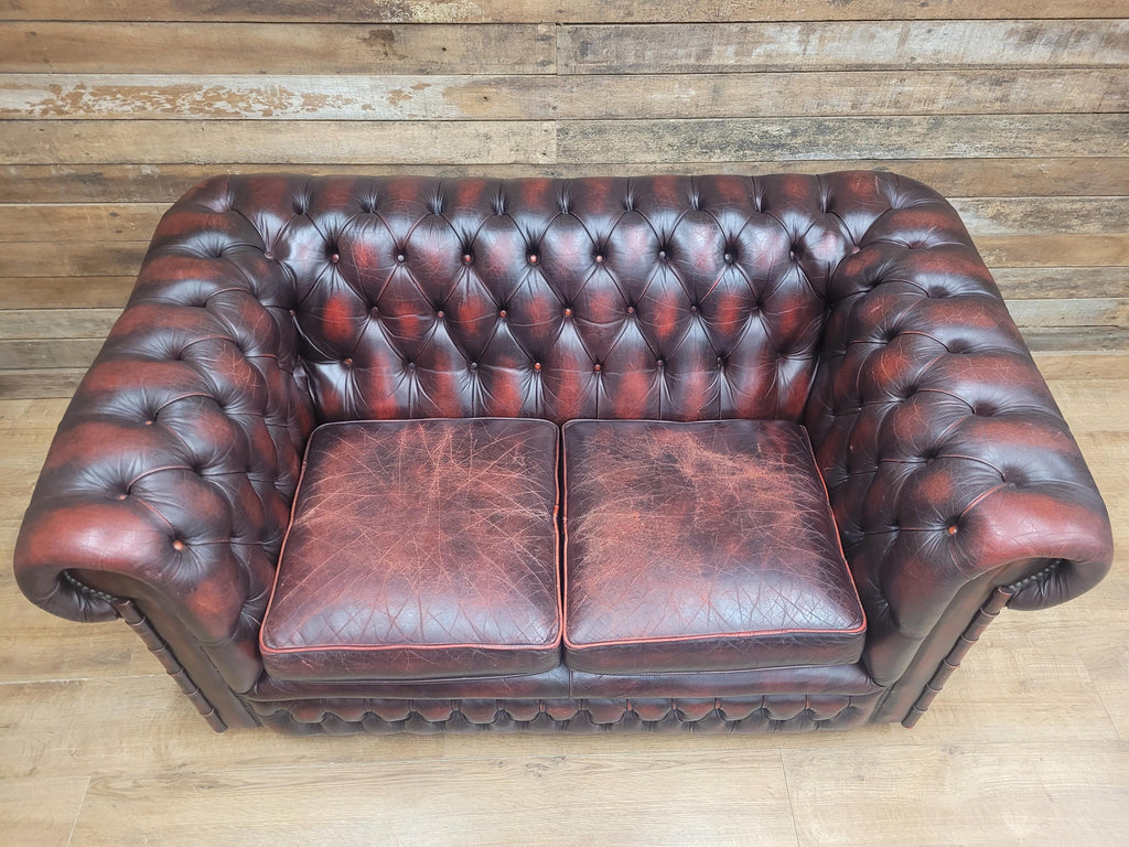 Vintage Chesterfield Two Seater Dark Oxblood Leather Sofa Deep Buttoned