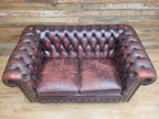 Vintage Chesterfield Two Seater Dark Oxblood Leather Sofa Deep Buttoned