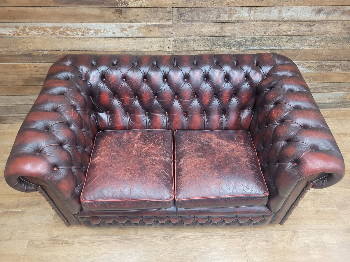 Vintage Chesterfield Two Seater Dark Oxblood Leather Sofa Deep Buttoned