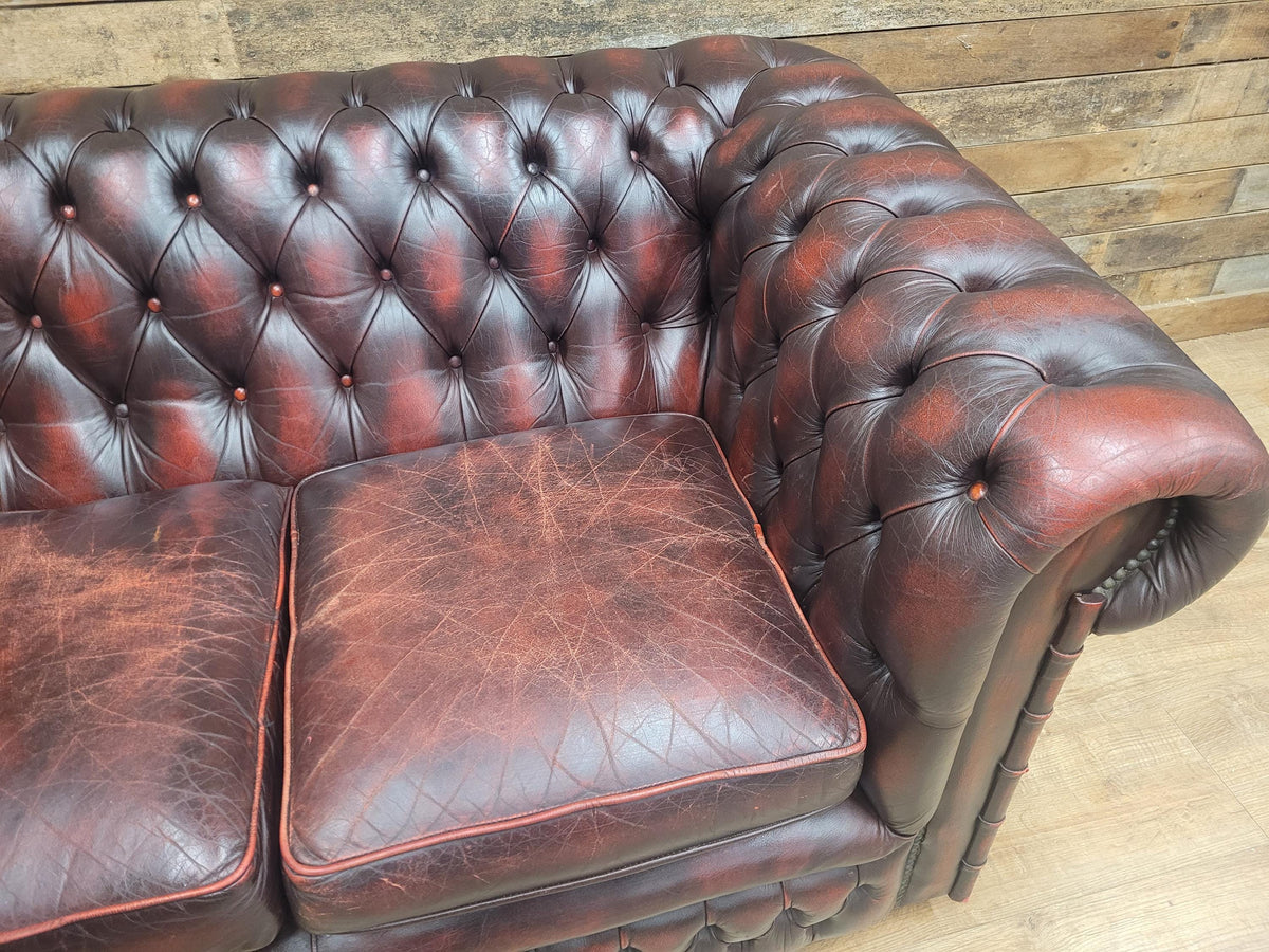 Vintage Chesterfield Two Seater Dark Oxblood Leather Sofa Deep Buttoned
