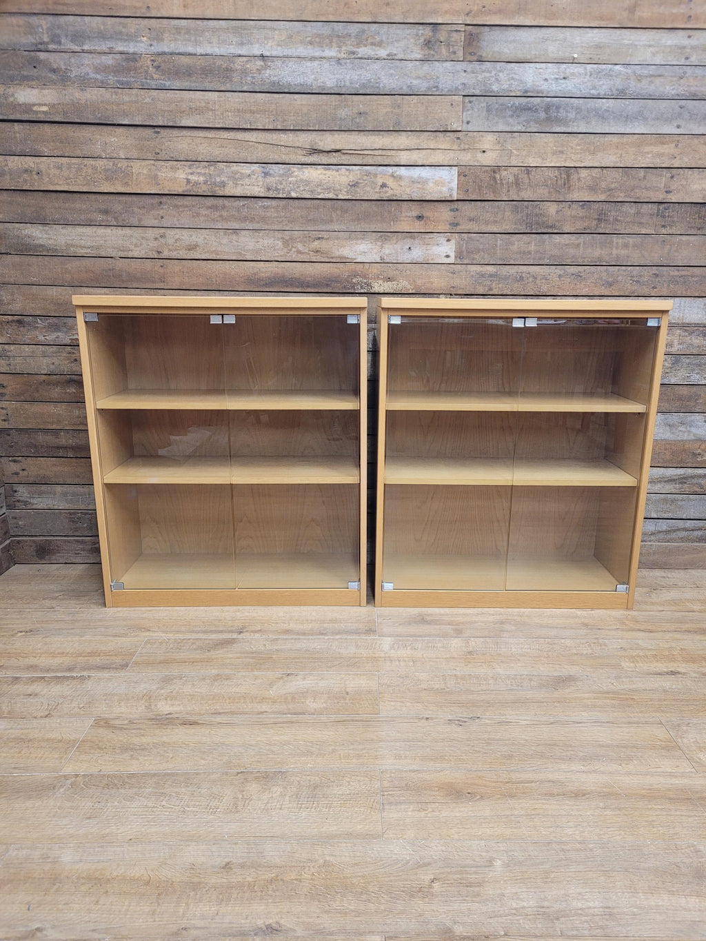Oak Effect Glazed Display Cabinet Adjustable Shelves Two Available